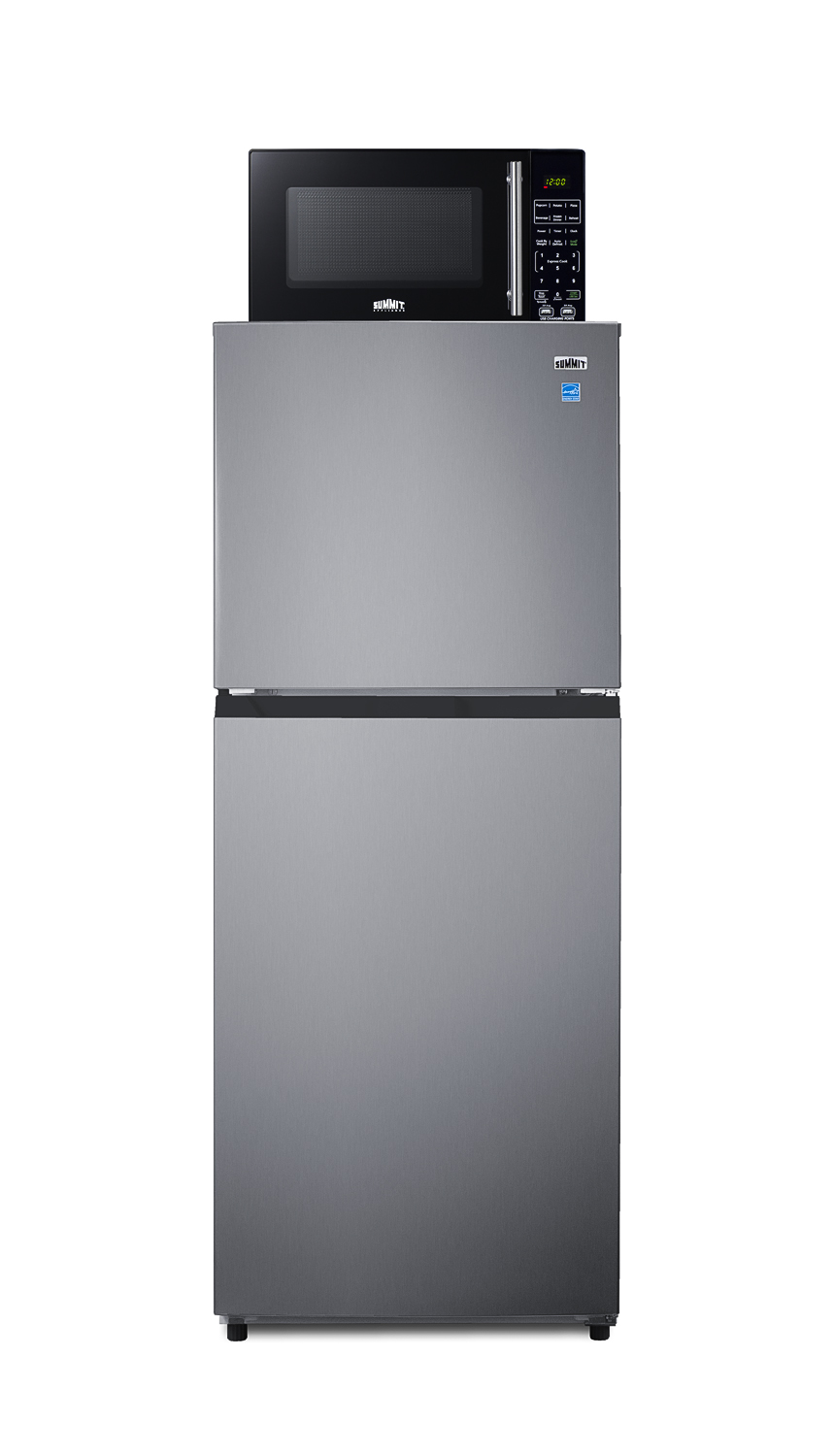 Frost-free 10.1 cu.ft. refrigerator-freezer and compact microwave in black with allocator and USB ports for 1-plug operation; ships in three boxes on one pallet
